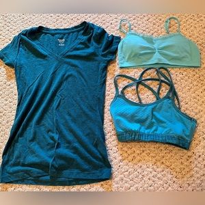 3 JUNIORS (XS)/GIRLS (XL) TURQUOISE ITEMS- 2 BRAS & 1 SHORT SLEEVE GLITTER SHIRT